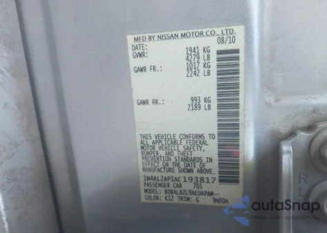 2010 Nissan Altima 2.5 S z USA, uszkodzony, nr VIN 1N4AL2AP1AC193817